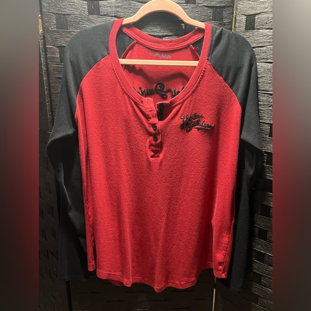 Harley Davidson Red and Black Henley with Embroidered Appliqué
